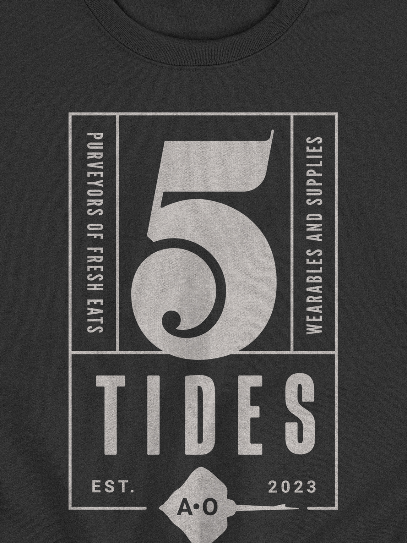 5 tides rectangular badge on black crew neck sweatshirt