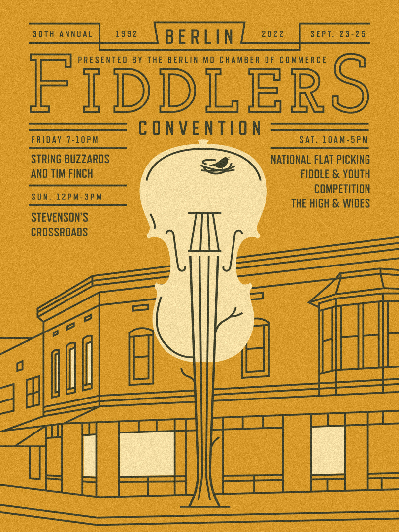 Berlin Fiddlers Convention Poster with line-art city scape with tree in the form of a fiddle